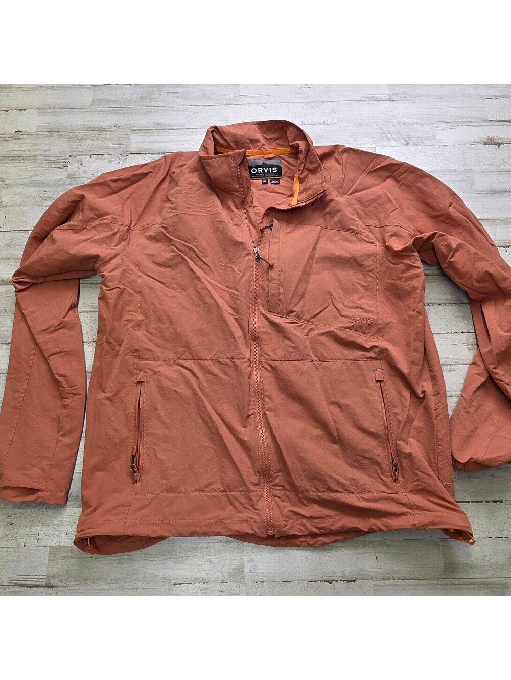 Orvis Jacket Men's XL Orange Lightweight Full Zip - Nylon Stretch Wind Rain